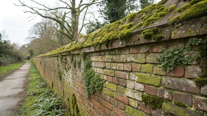 Old brick wall with moss and lichen growth, patina, lichen, moss