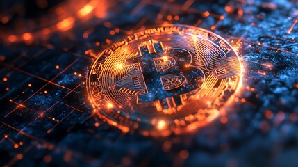 Bitcoin symbols glowing within dynamic holographic grids of blockchain data points radiating neon colors