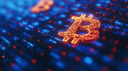 Glowing bitcoin symbols surrounded by radiant data trails floating within a blockchain matrix, focus on decentralized tech, vibrant, fusion, cyber financial grid backdrop