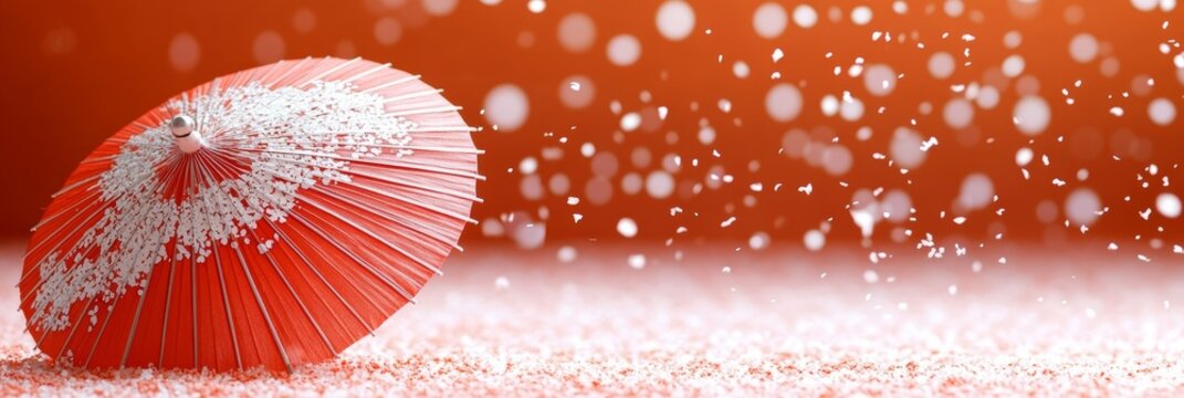 Traditional Red Japanese Umbrella on Orange Background With Falling Snow, Minimalism, Copy Space