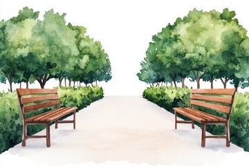 Obraz premium Serene Park Path with Benches and Lush Greenery
