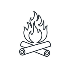 Campfire lit with wood logs line icon. Camping trip. Vector illustration