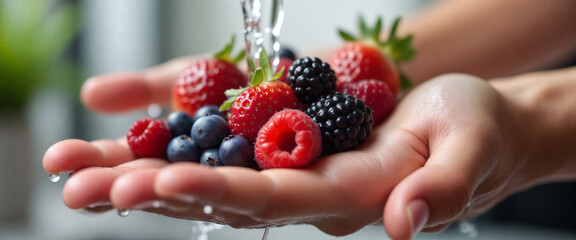 Fresh berries being washed under running water in a kitchen setting to prepare for a healthy snack or dessert