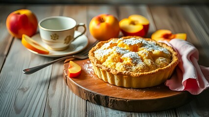 A freshly baked fruit tart dusted with powdered sugar, surrounded by peach slices, a vintage teacup, and a soft pink napkin, creating a charming and inviting scene.