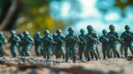 Toy Soldiers in Formation: A line of miniature toy soldiers in military fatigues stands in formation on a sandy surface, the blurred background hinting at a battleground.