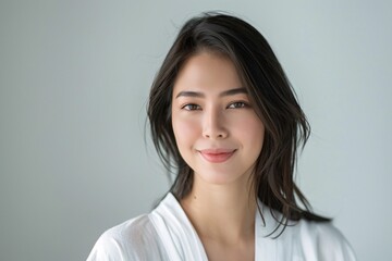 Fototapeta premium Asian woman with subtle makeup and a perfectly styled hairstyle. on grey background