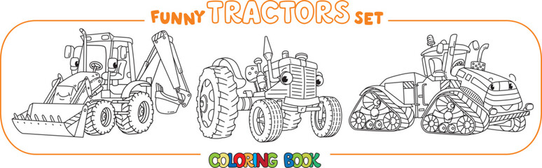 Funny vector tractors with eyes. Coloring book set