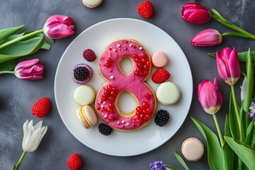 Photo of the number "8" made of pastries, berries and macarons on a white plate with tulips, in a flat composition.