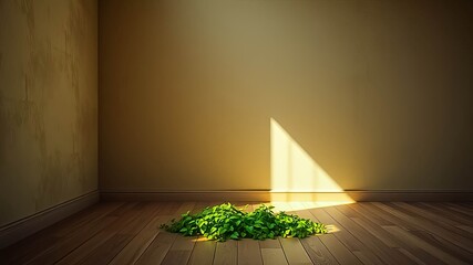 Sunlight Stream Illuminates a Patch of Greenery on a Wooden Floor in an Empty Room