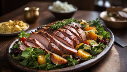 Deliciously roasted turkey breast garnished with greens and citrus slices on a wooden platter at a festive dinner setting