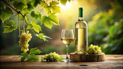 Fototapeta premium Exquisite Bottle of White Wine Accompanied by a Fresh Grapevine Branch on a Clean Background, Perfect for Culinary and Beverage Photography