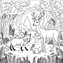 Naklejka premium jungle animal art line art with fox bear rabbet angel deer horse and birds illustration