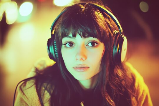 Beautiful girl with big wireless headphones wearing yellow hoody listening to music on summer day