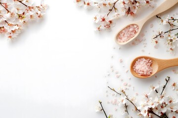 Photo of natural spa tools with pink salt on a white background