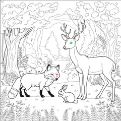 Naklejka premium jungle animal art line art with fox bear rabbet angel deer horse and birds illustration