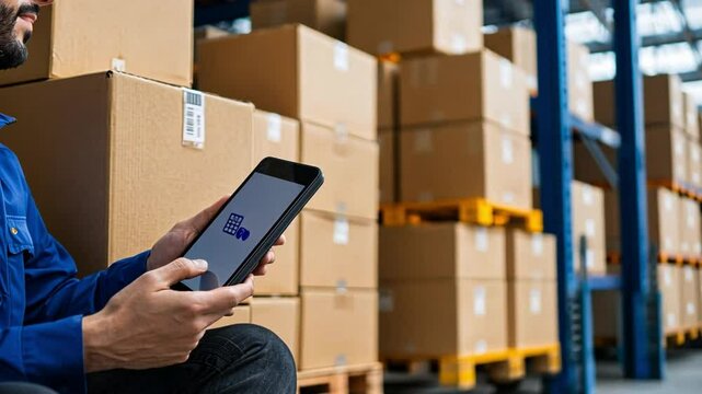 A person using a tablet amidst stacked cardboard boxes in a warehouse setting.