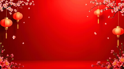Elegant Red Background with Chinese Lanterns and Cherry Blossoms for Festive Celebrations. Chinese New Year, Lunar new year, Spring festival and Oriental traditions concept