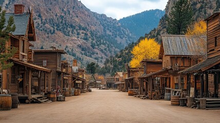 Old West town street nestled in a mountain valley.