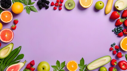 Creative neatly arranged food layout with fruits, vegetables and leaves on bright background. Minimal healthy food concept. Flat lay.