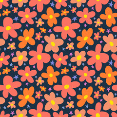 Flowers seamless pattern. Floral repeating background. Orange flowers and lilac stars wallpaper. Summer flower print. Perfect for textiles, wrapping, stationary, packaging, scrapbooking, art and craft