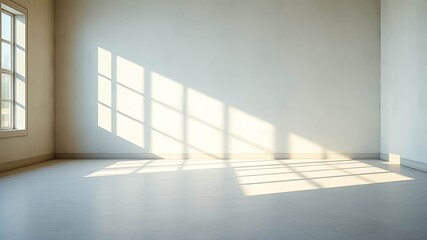 Obraz premium Sunlight streaming through a window casts a pattern of light and shadow across the floor of an empty room, creating a minimalist aesthetic.