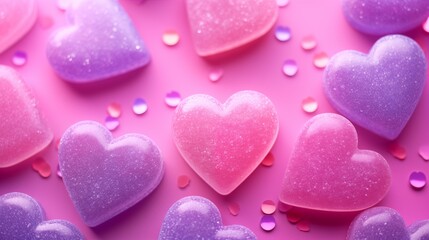 Obraz premium Pink and purple glitter heart shapes with confetti on pink background