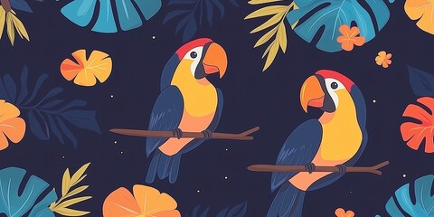 Seamless pattern with parrots and tropical leaves. 