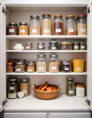 Organized pantry with glass jars filled with spices, grains, and ingredients on shelves in a bright kitchen