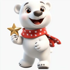 Adorable 3D Render of a Polar Bear Cub Holding a Star, Wearing a Red Scarf