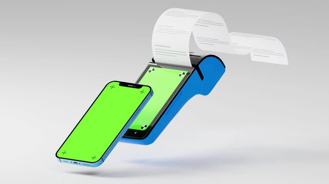 Paying for purchases with a credit card. 3d animation. Online payment terminal concept. Pos terminal. Contactless payment transaction. 3D pos terminal with bank card and receipt.