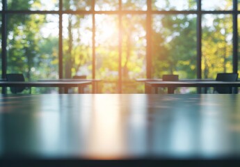Blurred background of a modern office interior with panoramic windows and desks.