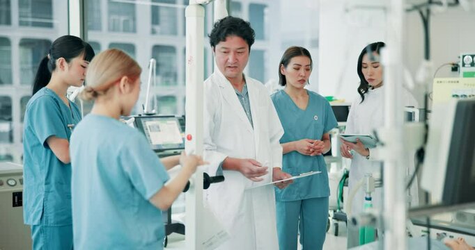 Medical, students and doctor at hospital for teaching, learning or leadership in Japan. Healthcare, mentorship and group of people at clinic with advice, planning or discussion with internship nurses