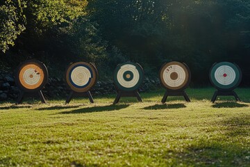 An archery range with four target boards set up on grass