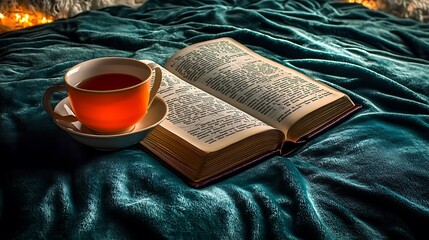 an open book on a velvet bedspread with a cup of tea ambient lighting creating a serene mood