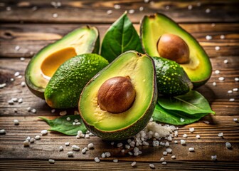 Fresh and Creamy Avocado Delight: A Close-Up of Ripe Avocados on a Rustic Wooden Table, Highlighting Their Rich Texture and Vibrant Green Color