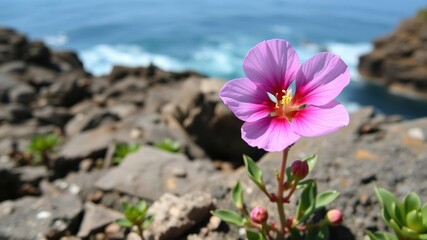 Pink sea thrift flower blooming on a rocky sea coast with blue ocean in the background, pink, blue, coastal plant