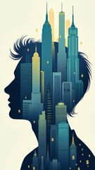 Profile with images of skyscrapers and dollar signs symbolizing financial ambition