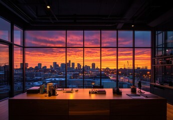 Fototapeta premium Breathtaking Urban Sunset View from Modern Office Interior with Glass Windows Showcasing Cityscape and Colorful Sky at Dusk, Ideal for Business and Inspiration Imagery