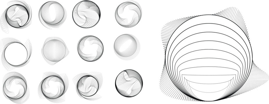 Lines in Circle Form . Rotate rounded shape Vector Illustration .Rotating circles form a ring.Rotating design element . Various circle lines forming round frame . Abstract Geometric line art 