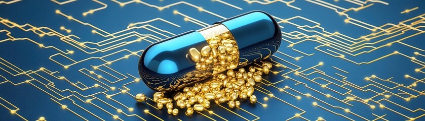 A surreal image of a pill dissolving into golden streams forming financial charts, symbolizing funding transformation into healthcare solutions