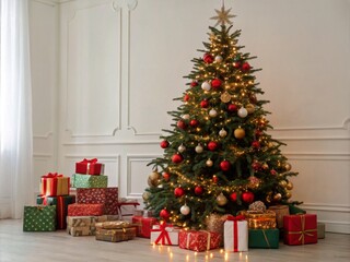 Long Exposure Capture of a Beautifully Decorated Christmas Tree Surrounded by Colorful Gifts Against a Bright White Wall for Festive Holiday Spirit