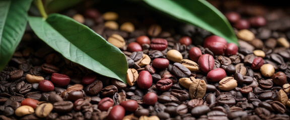 Fototapeta premium A close-up view of various coffee beans nestled among fresh green leaves on a textured surface