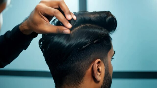 a man styles his well-groomed hair with product, showcasing the texture and hold achieved under cool ambient lighting with a static video