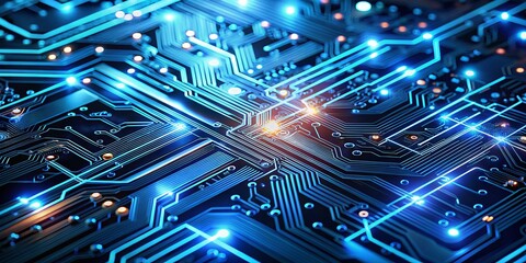 Fototapeta premium Futuristic Circuit Board Close-Up with Illuminating Blue Connections and Intricate Patterns, Showcasing Advanced Technology and Innovation in a High-Tech Environment