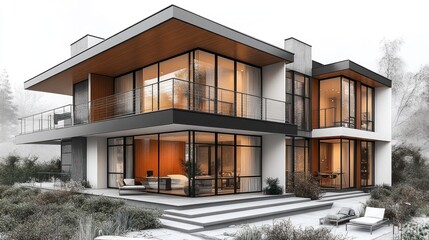 3D model of a contemporary townhouse with large balconies and sleek design, isolated on white.