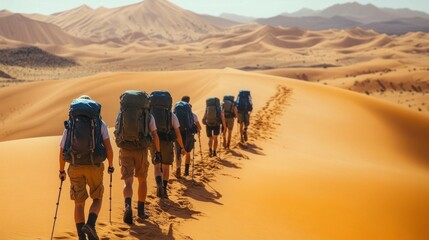 Eight explorers traverse the stunning desert terrain, equipped for safety with personal locator beacons as they trek through golden sand dunes.