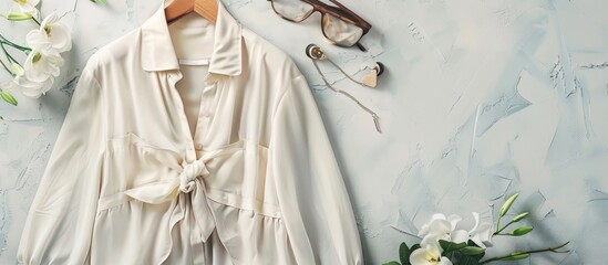 White blouse with a bow on a hanger,  glasses, and flowers on a blue background.