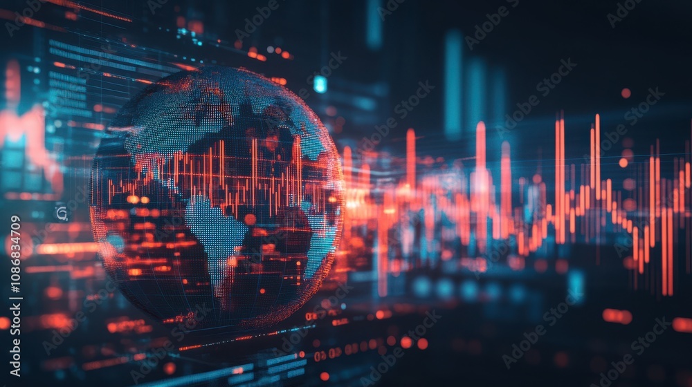 Poster modern digital world map with data streams, financial graphs and analytics indicators representing g