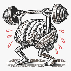 Creative Brain Lifting Weights Vector Illustration in Vintage Engraving Style Symbolizing Mental Strength and Fitness