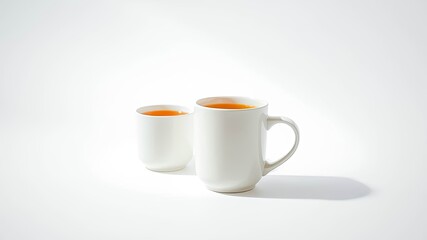 Obraz premium Two white mugs filled with a warm beverage, one with a handle, on a white background with a slight shadow under the mug with the handle